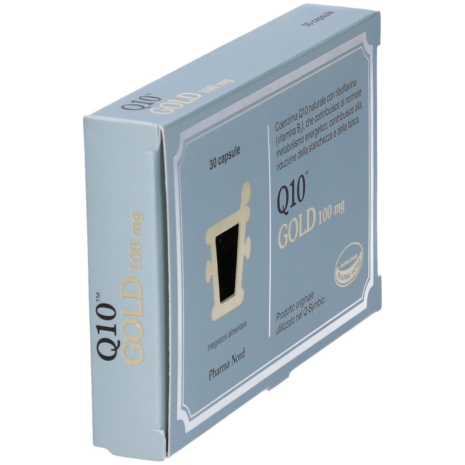 Scatola Q10 Gold, 30 capsule, 100 mg. Testo su riboflavina ed energia. Logo Pharma Nord e certificazione.