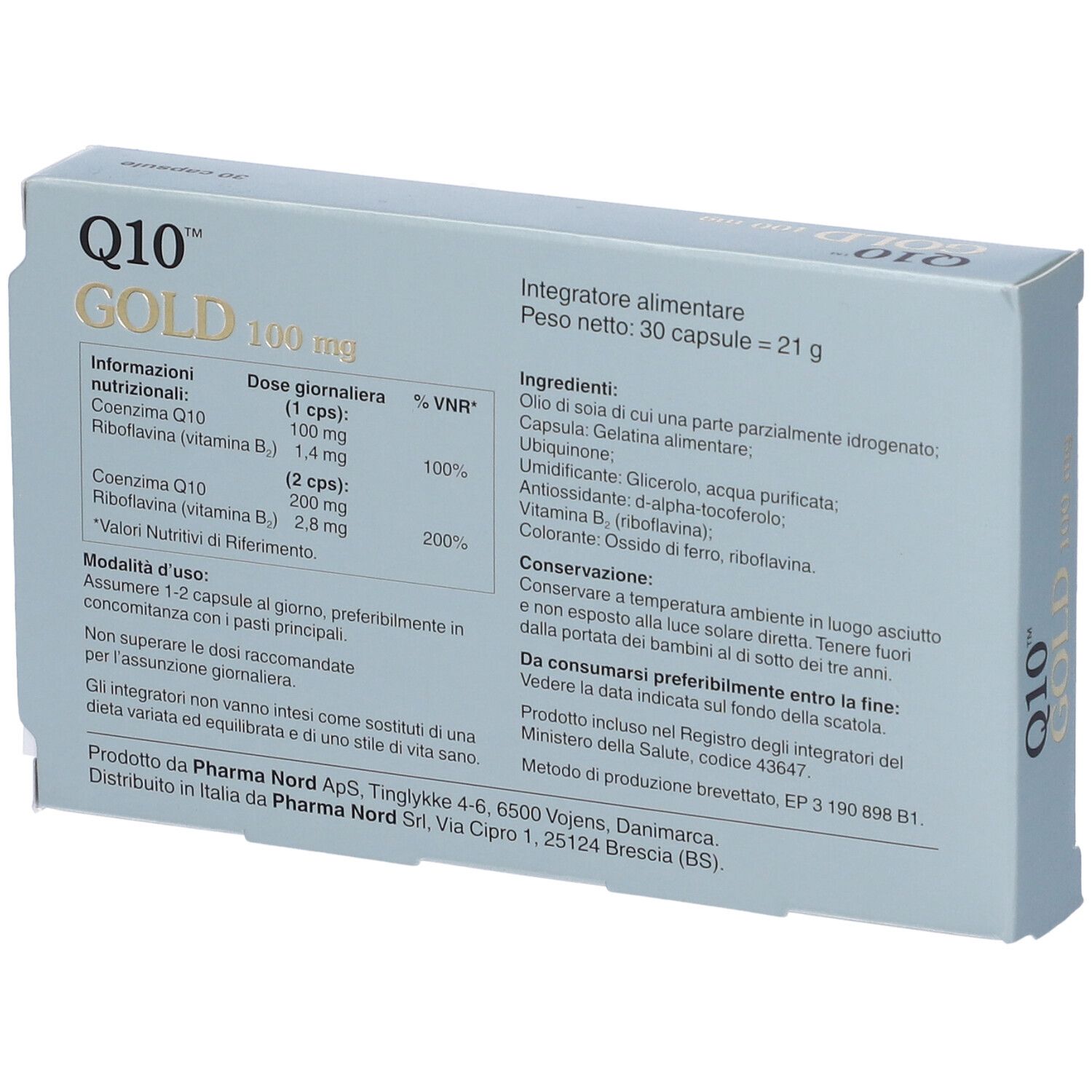 Retro della scatola Q10 Gold. Informazioni su ingredienti, dosaggio e conservazione. Logo Pharma Nord.