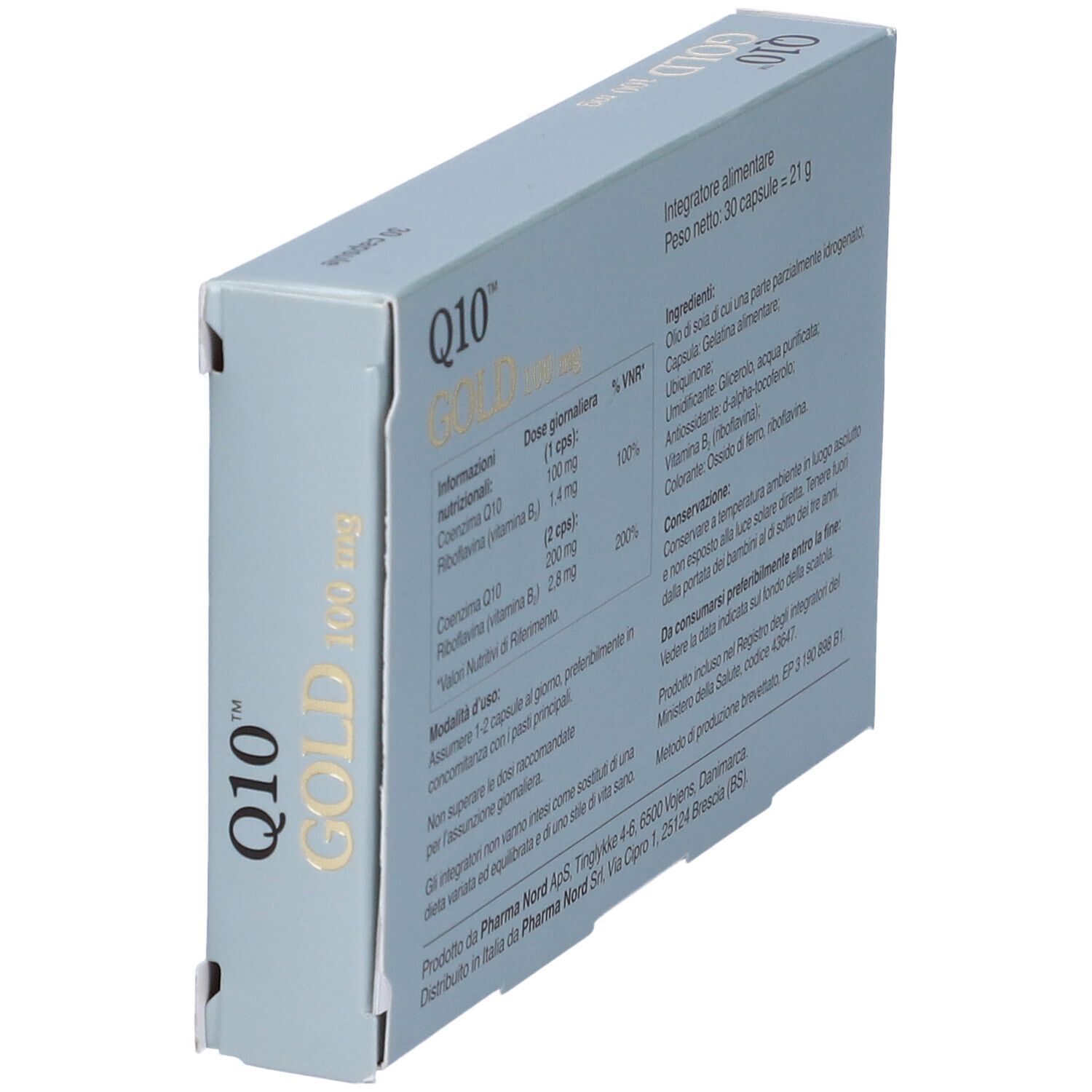 Retro della scatola Q10 Gold. Informazioni su ingredienti, dosaggio e conservazione. Logo Pharma Nord.