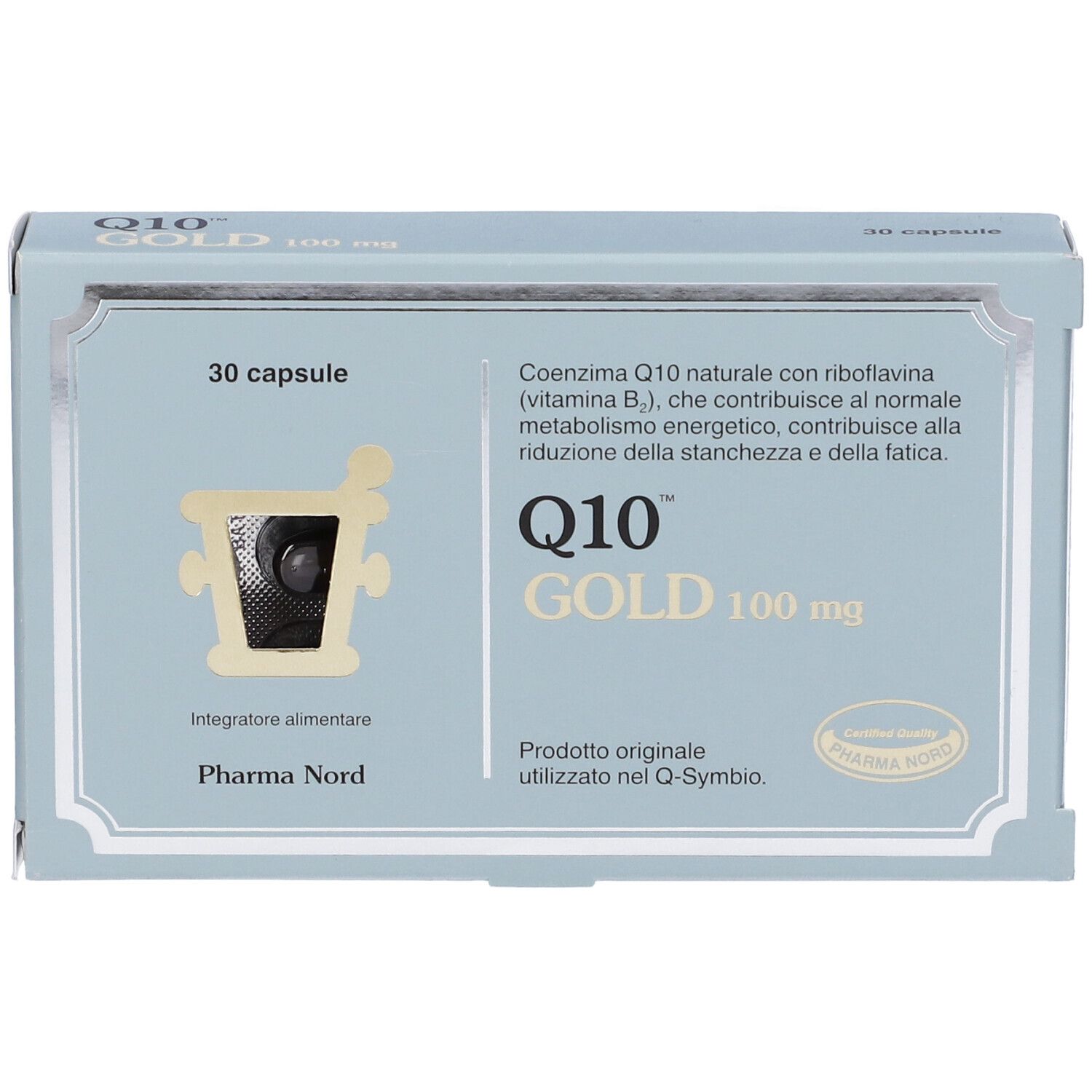 Scatola Q10 Gold, 30 capsule, 100 mg. Testo su riboflavina ed energia. Logo Pharma Nord.