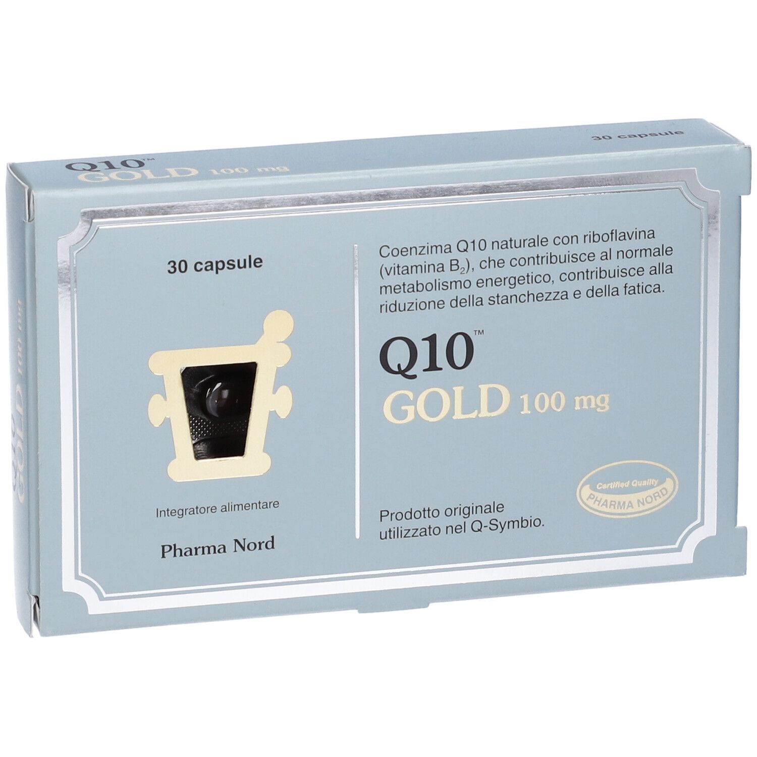 Scatola Q10 Gold, 30 capsule, 100 mg. Testo su riboflavina ed energia. Logo Pharma Nord.
