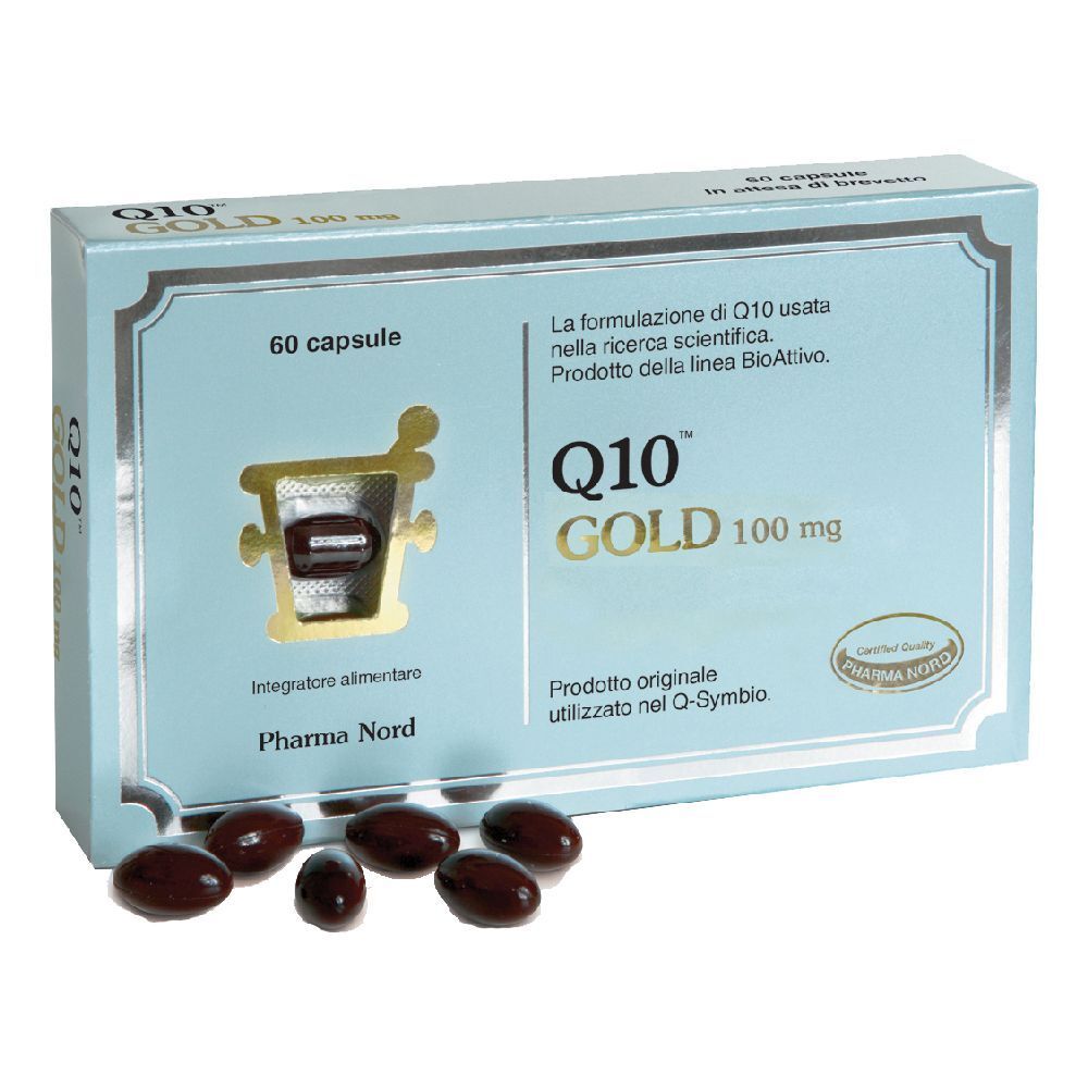 Scatola Q10 GOLD 100 mg con 60 capsule. Capsule marroni fuori dalla scatola. Logo Pharma Nord.
