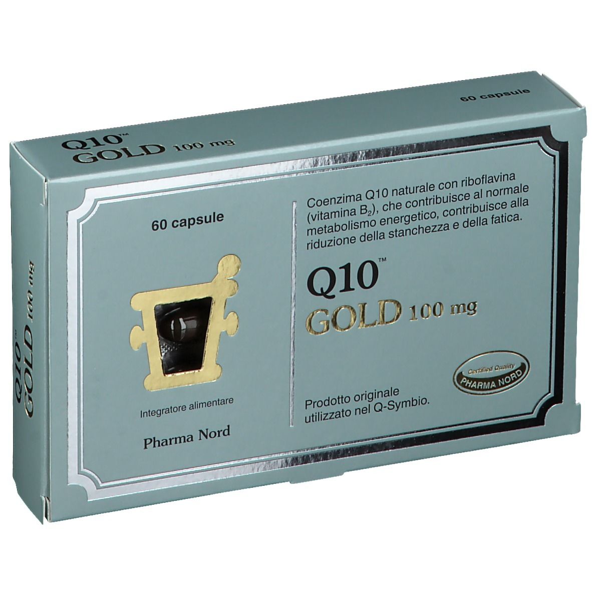 Scatola Q10 GOLD 100 mg, 60 capsule. Testo e logo Pharma Nord. Certificazione.