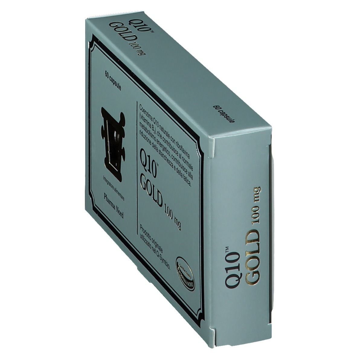 Scatola Q10 GOLD 100 mg, 60 capsule. Vista laterale. Testo e logo Pharma Nord.