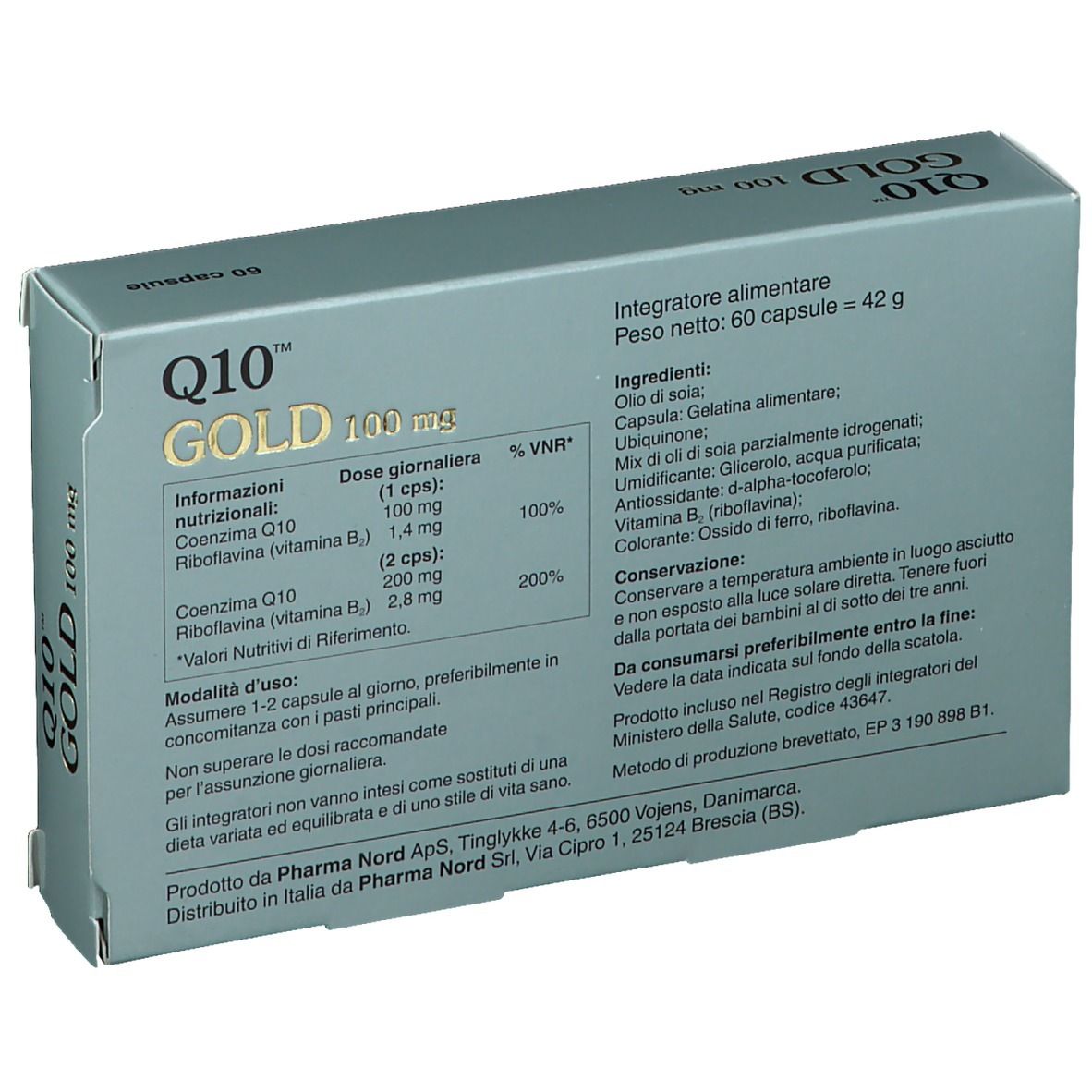 Scatola Q10 GOLD 100 mg. Retro con ingredienti e dosaggio. 60 capsule.