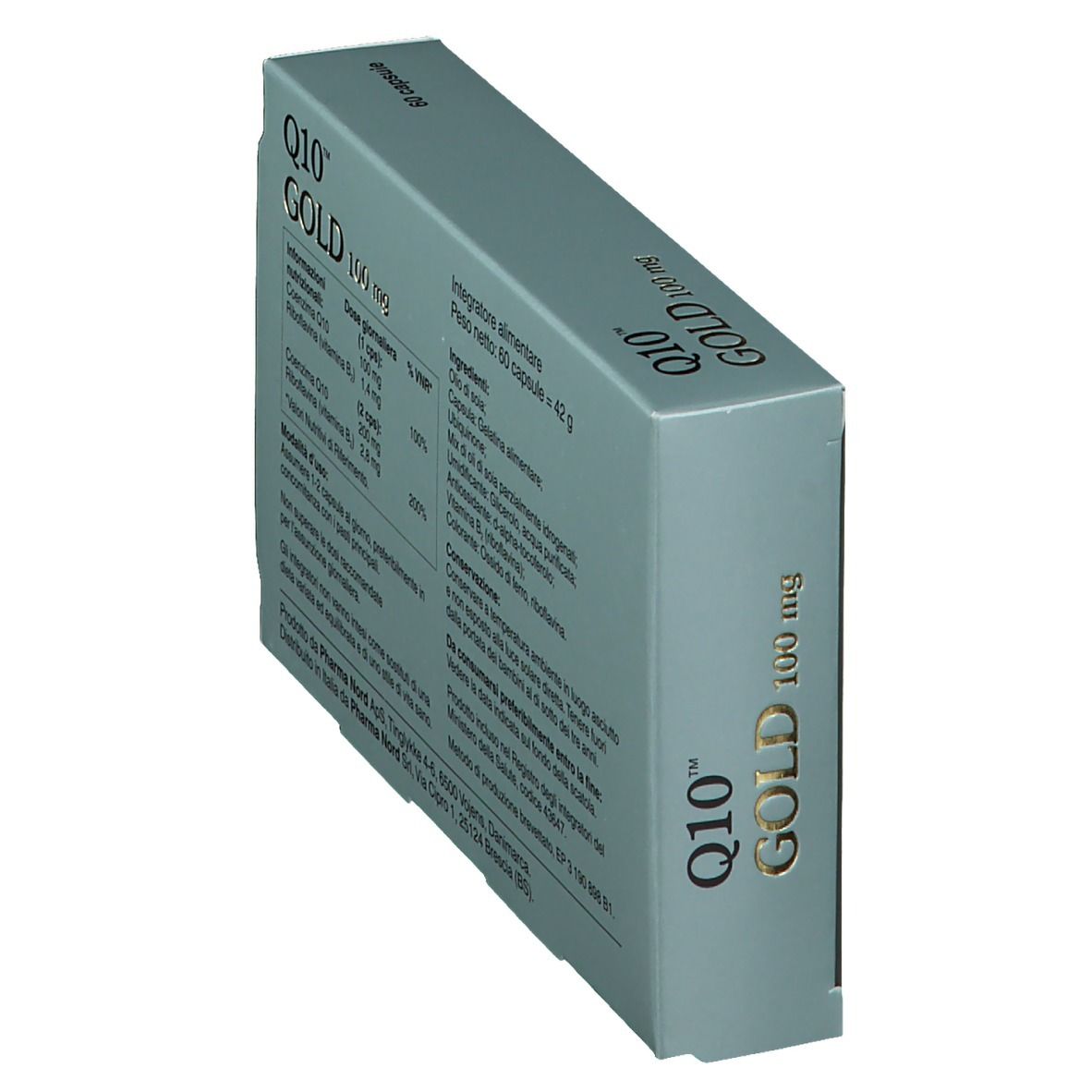 Scatola Q10 GOLD 100 mg. Retro con ingredienti e dosaggio. 60 capsule.
