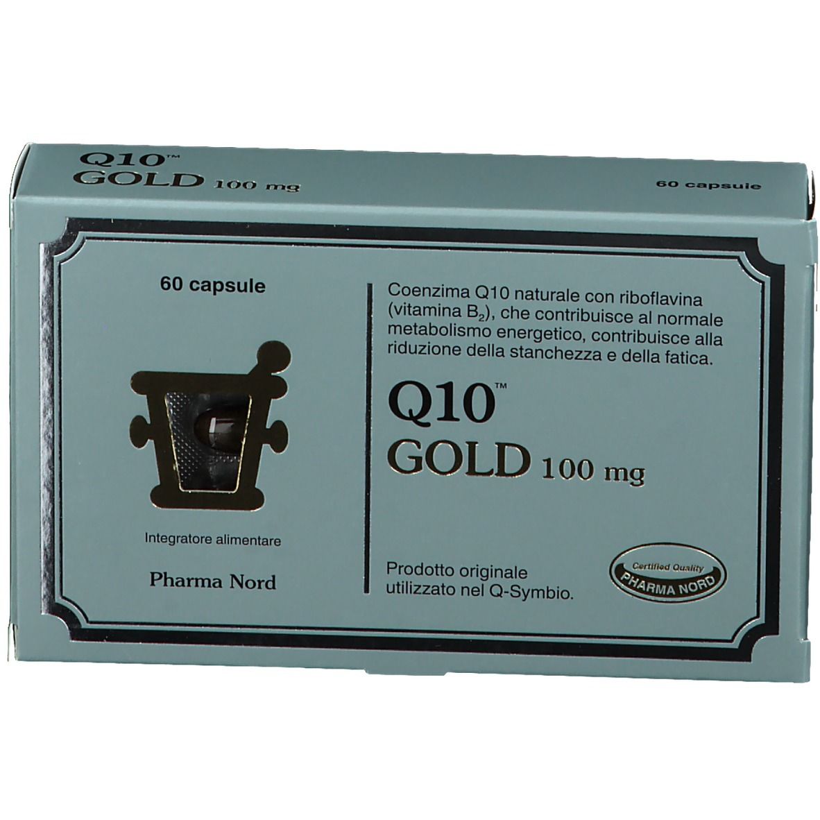 Scatola Q10 GOLD 100 mg, 60 capsule. Testo e logo Pharma Nord. Certificazione.