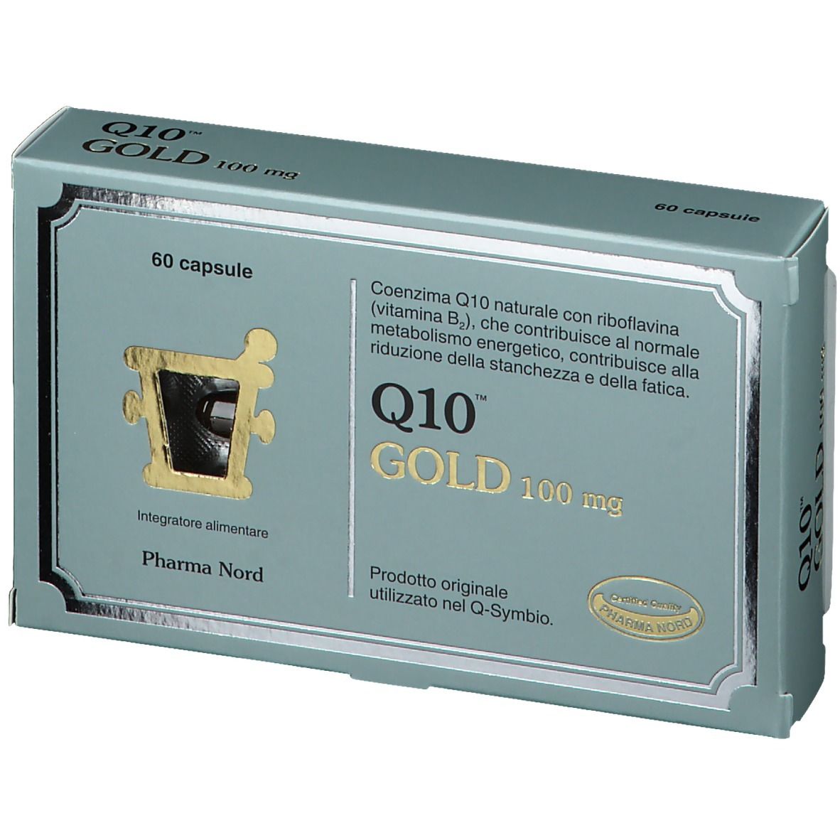 Scatola Q10 GOLD 100 mg, 60 capsule. Testo e logo Pharma Nord. Certificazione.