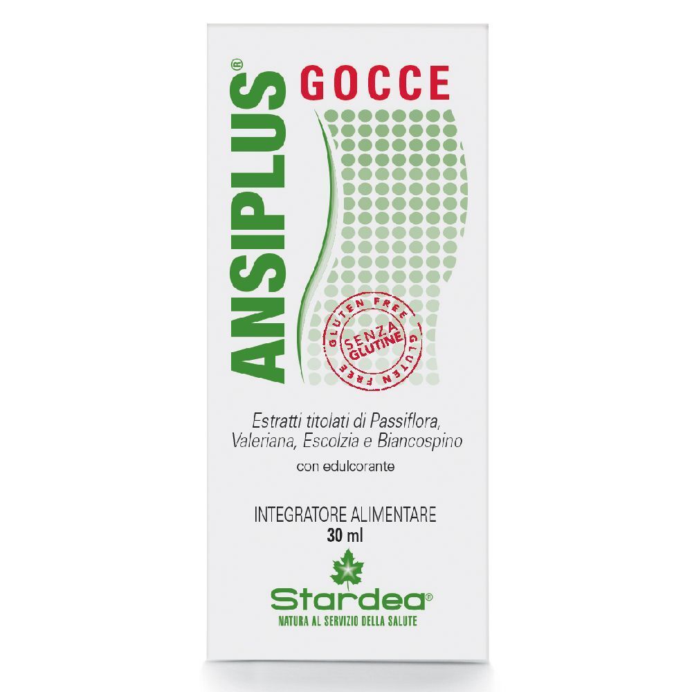 Scatola di Ansiplus®-Tropfen. Scritto: Gocce, senza glutine, 30 ml. Contiene estratti di Passiflora, Valeriana, Escoltzia e Biancospino.