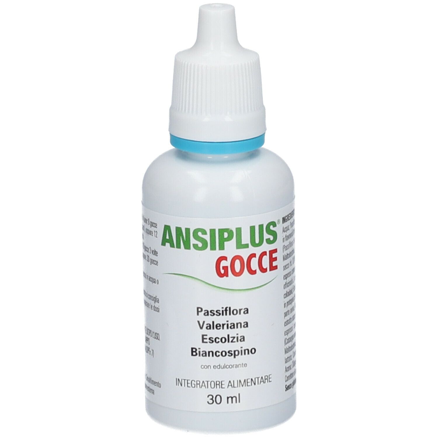 Flacone bianco di Ansiplus®-Tropfen. Scritto: Gocce, 30 ml. Contiene Passiflora, Valeriana, Escoltzia e Biancospino. Con contagocce.