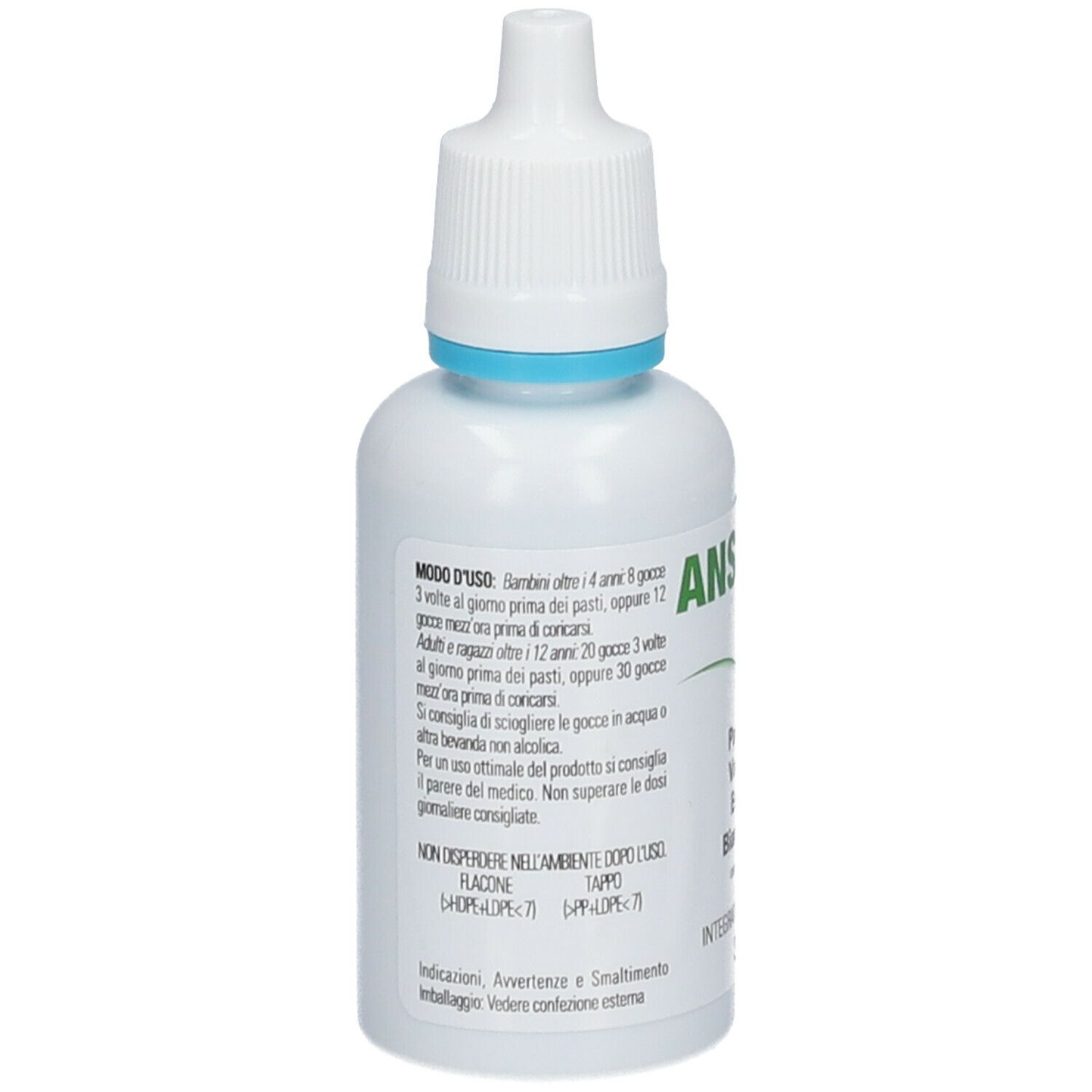 Flacone bianco Ansiplus®-Tropfen. Retro con istruzioni per l'uso. Contiene Passiflora, Valeriana, Escoltzia e Biancospino. Con contagocce.