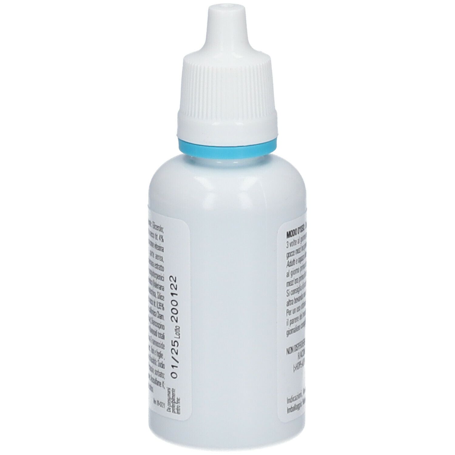 Flacone bianco Ansiplus®-Tropfen. Retro con informazioni. Contiene Passiflora, Valeriana, Escoltzia e Biancospino. Con contagocce.