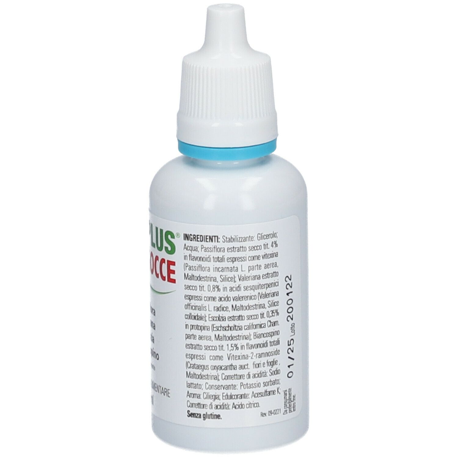 Flacone bianco Ansiplus®-Tropfen. Retro con ingredienti. Contiene Passiflora, Valeriana, Escoltzia e Biancospino. Con contagocce.