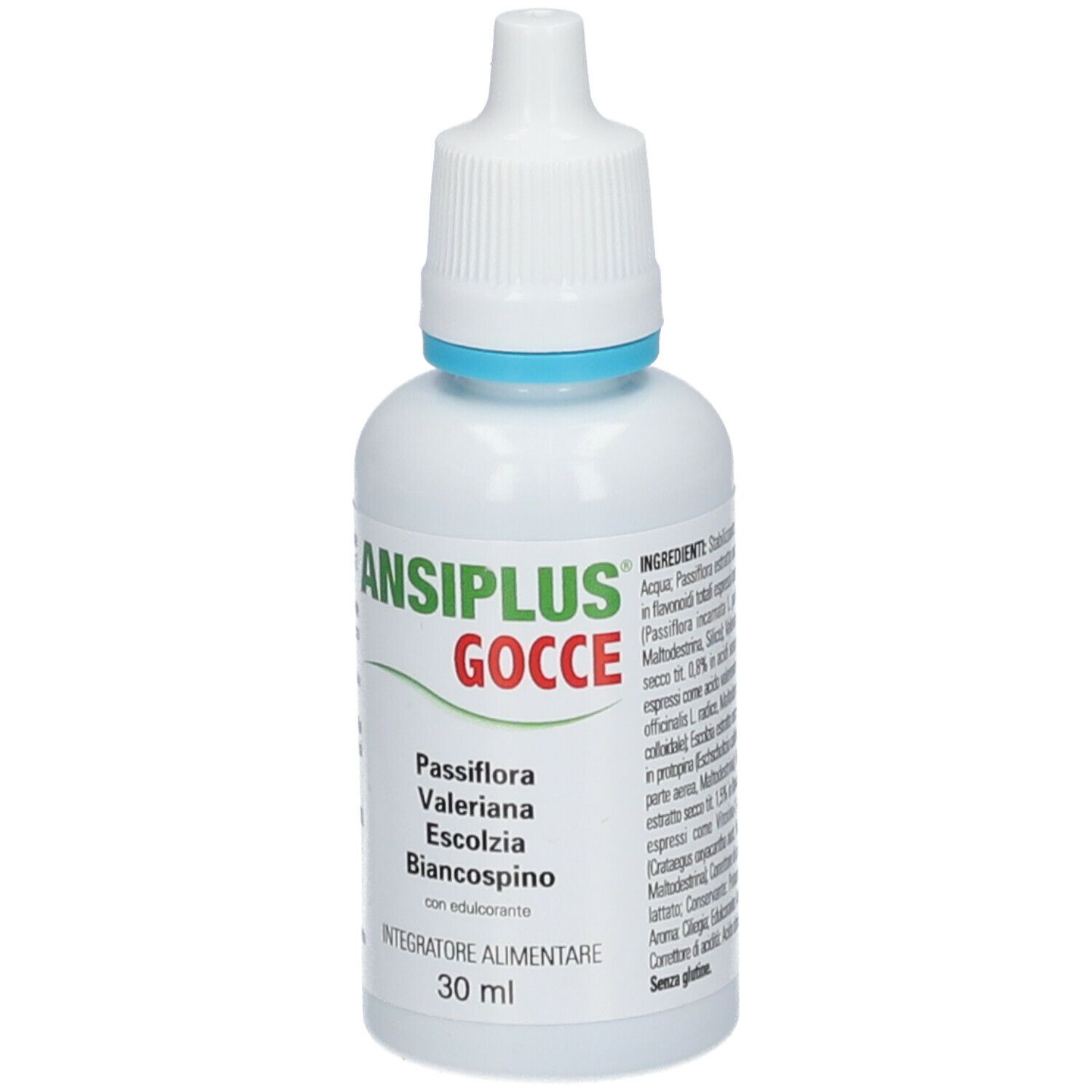 Flacone bianco Ansiplus®-Tropfen. Scritto: Gocce, 30 ml. Contiene Passiflora, Valeriana, Escoltzia e Biancospino. Con contagocce.