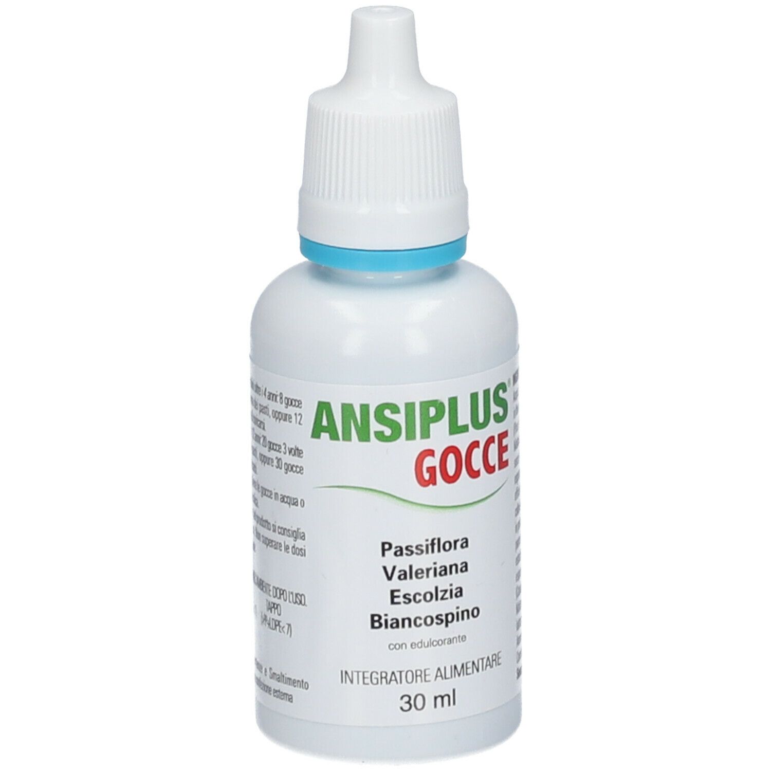 Flacone bianco Ansiplus®-Tropfen. Scritto: Gocce, 30 ml. Contiene Passiflora, Valeriana, Escoltzia e Biancospino. Con contagocce.