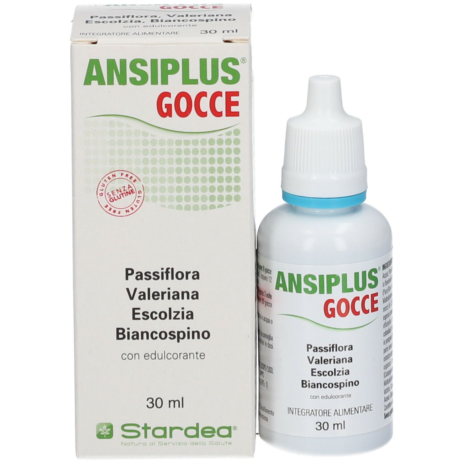 Flacone e scatola di Ansiplus®-Tropfen. Scritto: Gocce, 30 ml. Contiene Passiflora, Valeriana, Escoltzia e Biancospino. Con contagocce.