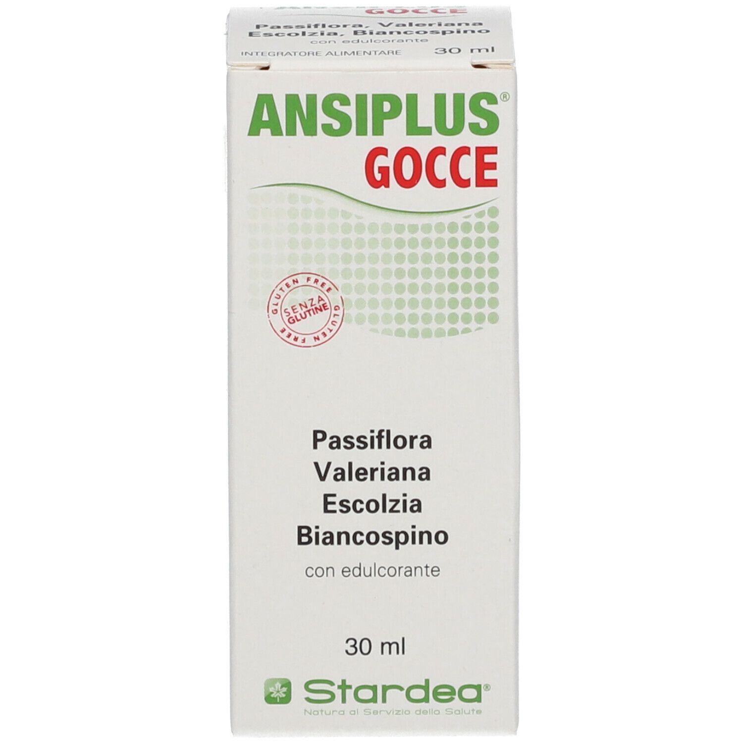 Scatola di Ansiplus®-Tropfen. Scritto: Gocce, 30 ml. Contiene Passiflora, Valeriana, Escoltzia e Biancospino. Senza glutine.