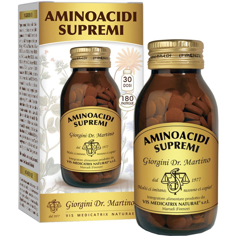 Flacone di vetro marrone con compresse. Scritta: AMINOACIDI SUPREMI, Giorgini Dr. Martino. Tappo dorato. Scatola sullo sfondo.