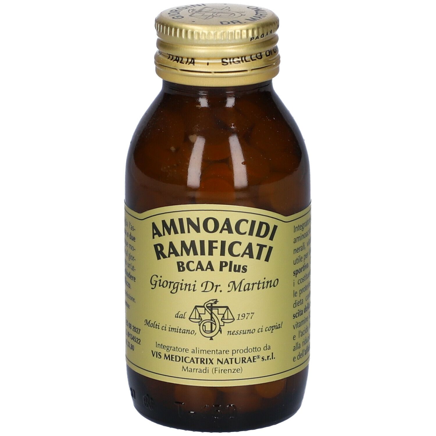 Flacone di vetro marrone con compresse. Scritta: AMINOACIDI RAMIFICATI BCAA Plus, Giorgini Dr. Martino. Tappo dorato.