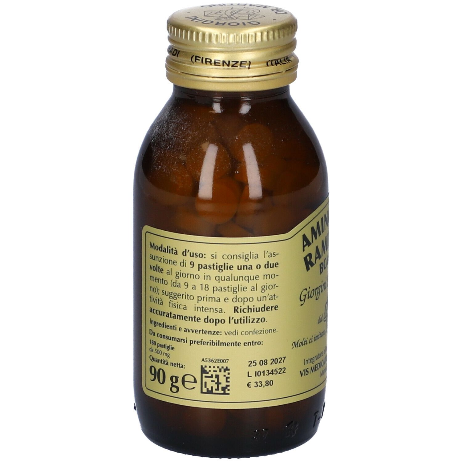 Flacone di vetro marrone con compresse. Scritta: AMINOACIDI RAMIFICATI BCAA Plus, Giorgini Dr. Martino. Tappo dorato. Retro.