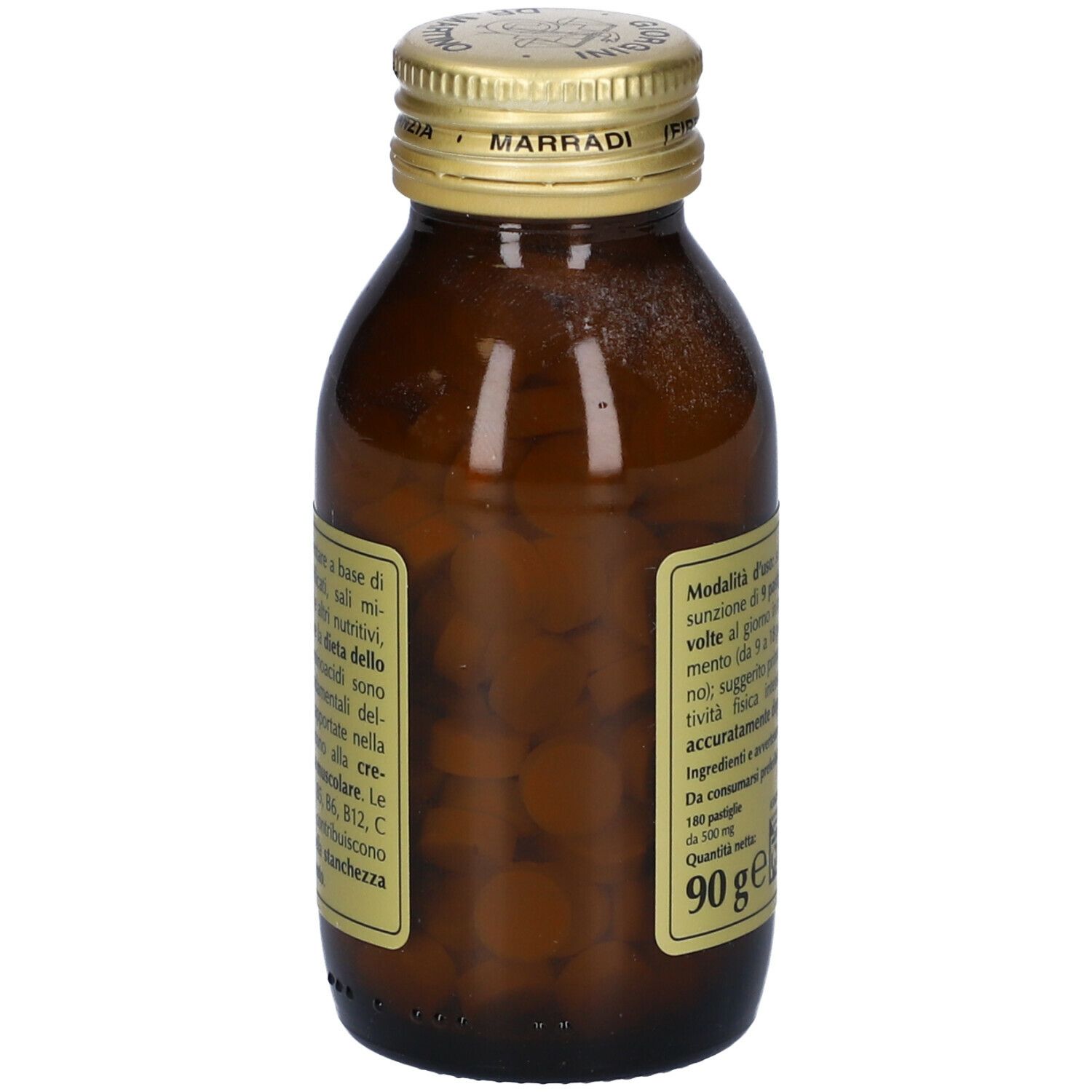 Flacone di vetro marrone con compresse. Scritta: AMINOACIDI RAMIFICATI BCAA Plus, Giorgini Dr. Martino. Tappo dorato. Retro.