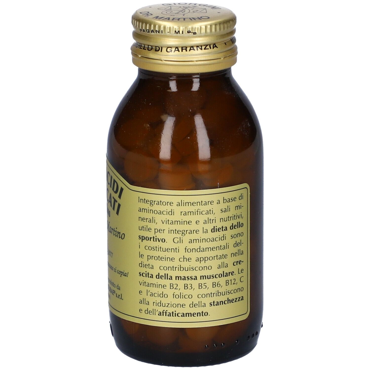 Flacone di vetro marrone con compresse. Scritta: AMINOACIDI RAMIFICATI BCAA Plus, Giorgini Dr. Martino. Tappo dorato. Retro.