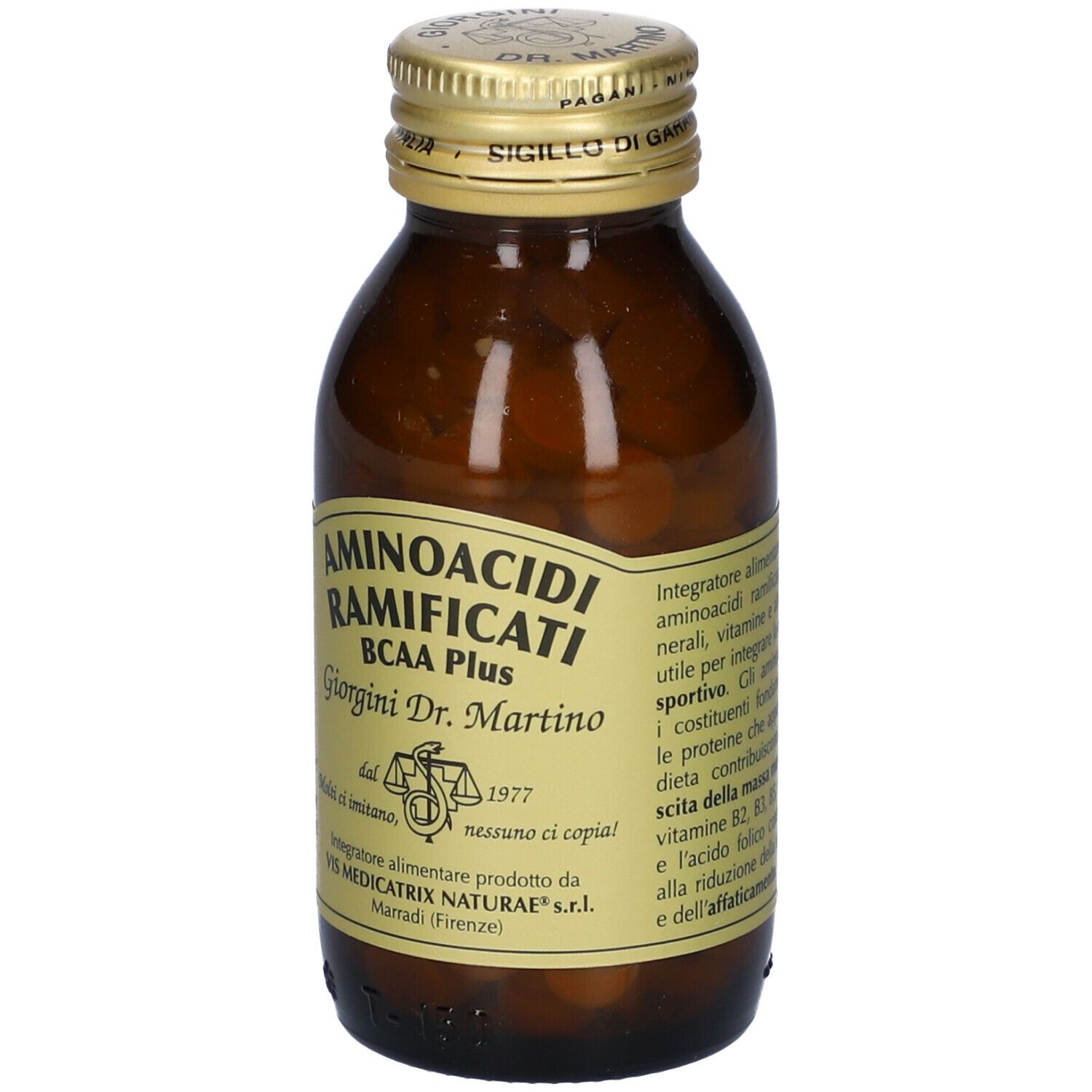 Flacone di vetro marrone con compresse. Scritta: AMINOACIDI RAMIFICATI BCAA Plus, Giorgini Dr. Martino. Tappo dorato. Retro.