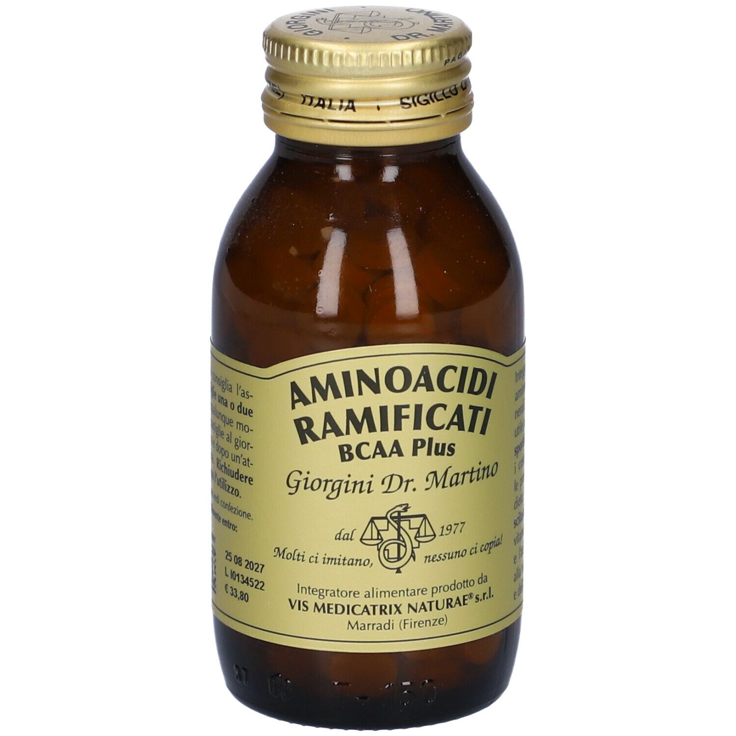 Flacone di vetro marrone con compresse. Scritta: AMINOACIDI RAMIFICATI BCAA Plus, Giorgini Dr. Martino. Tappo dorato. Retro.