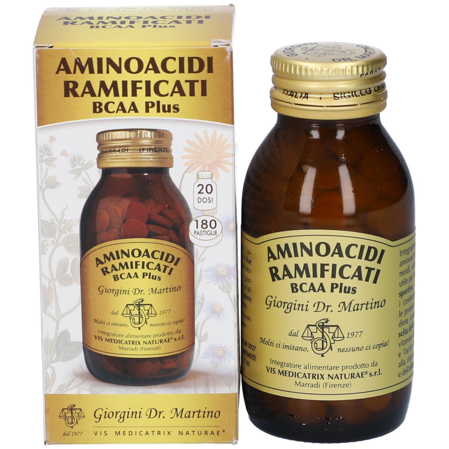 Flacone di vetro marrone con compresse e scatola. Scritta: AMINOACIDI RAMIFICATI BCAA Plus, Giorgini Dr. Martino. Tappo dorato.