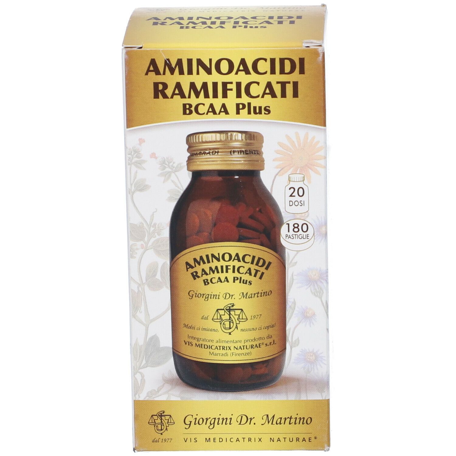 Scatola con scritta: AMINOACIDI RAMIFICATI BCAA Plus, Giorgini Dr. Martino. Flacone di vetro marrone con compresse.