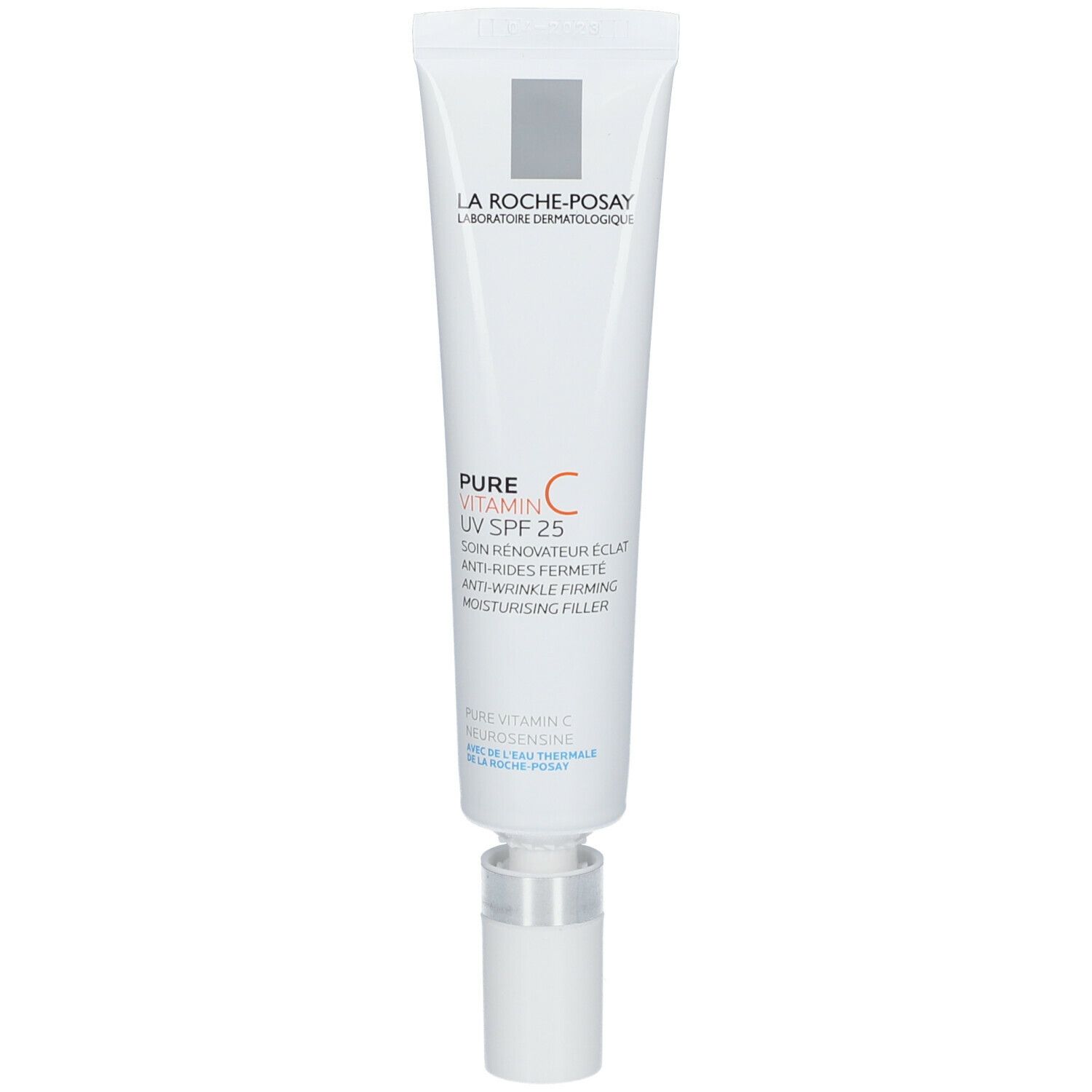 Tubo bianco La Roche-Posay con Pure Vitamin C UV SPF 25. Tappo argentato. Testo in italiano.