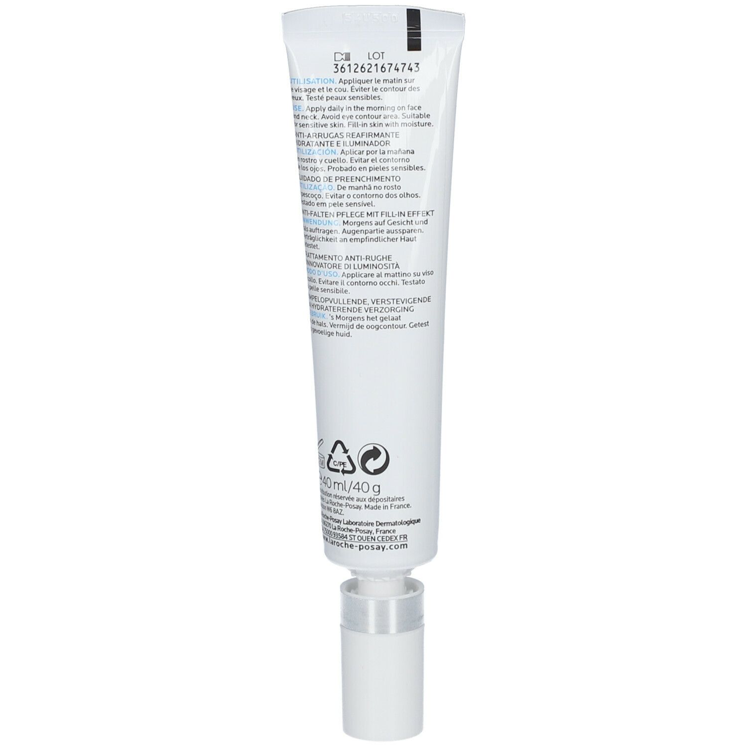 Retro del tubo bianco. Informazioni sugli ingredienti e l'uso. Contenuto 40 ml/g.