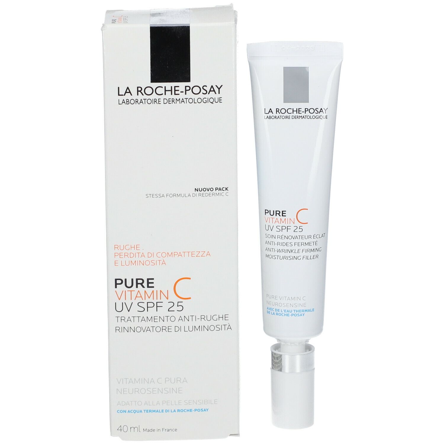 Prodotto e confezione. Tubo bianco e scatola La Roche-Posay. Pure Vitamin C UV SPF 25.