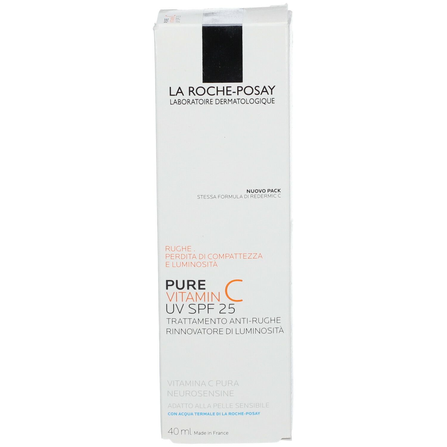 Scatola bianca La Roche-Posay. Contiene Pure Vitamin C UV SPF 25. Testo in italiano.