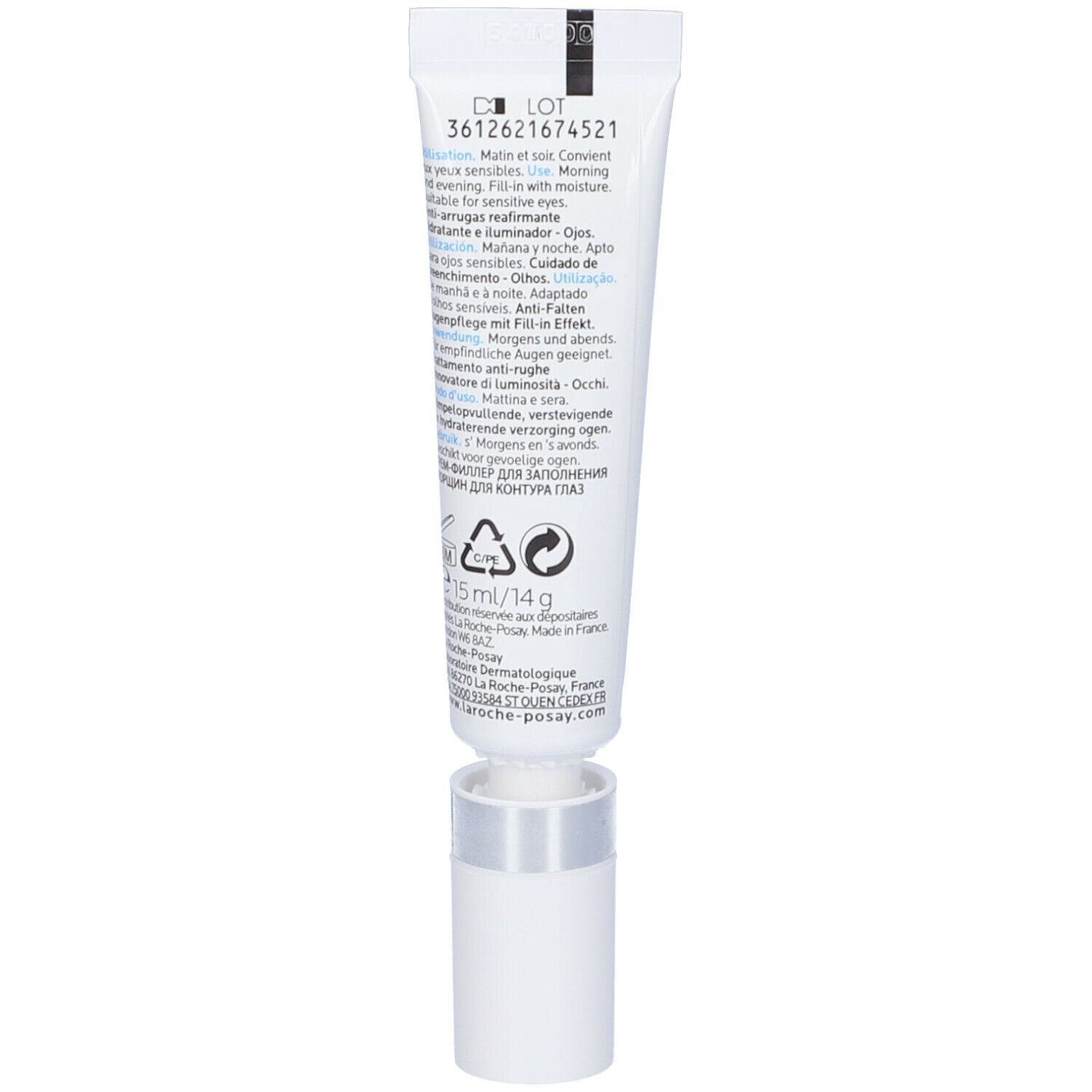 Dos du tube blanc. Texte multilingue. Informations sur les ingrédients et l'utilisation. Volume : 15 ml.