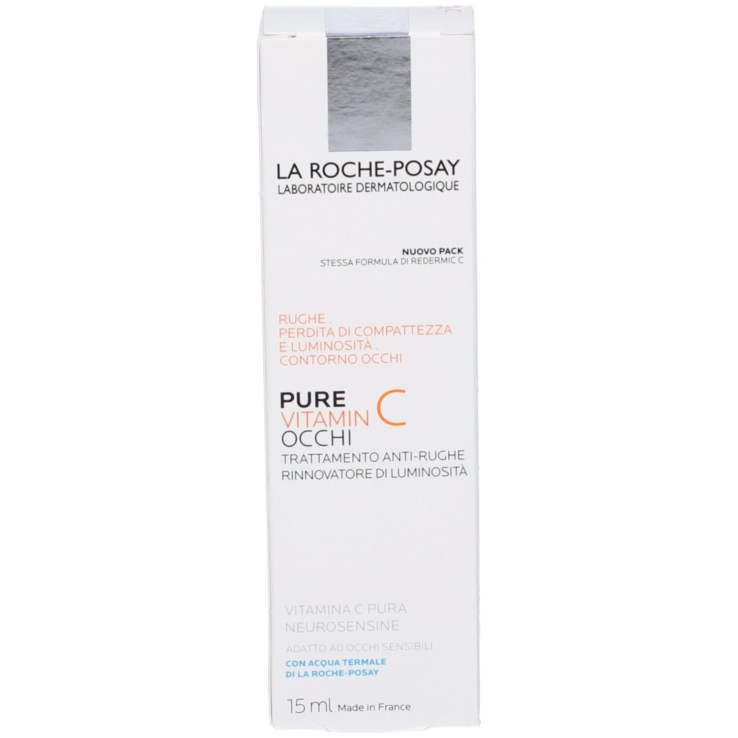 Emballage blanc. Inscription : La Roche-Posay, Pure Vitamin C yeux. Texte en italien. Volume : 15 ml.