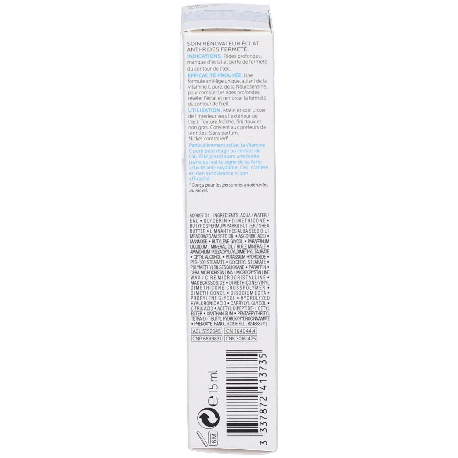 Dos de l'emballage. Texte multilingue. Informations sur les ingrédients et l'utilisation. Volume : 15 ml.