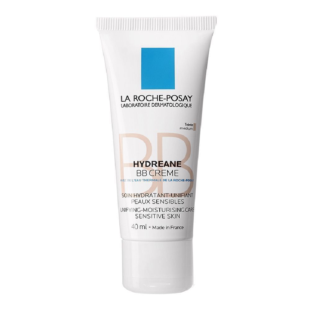 La Roche-Posay Hydreane BB Creme Tube. Weißer Tube mit blauem Quadrat und Produktinformationen. 40 ml.