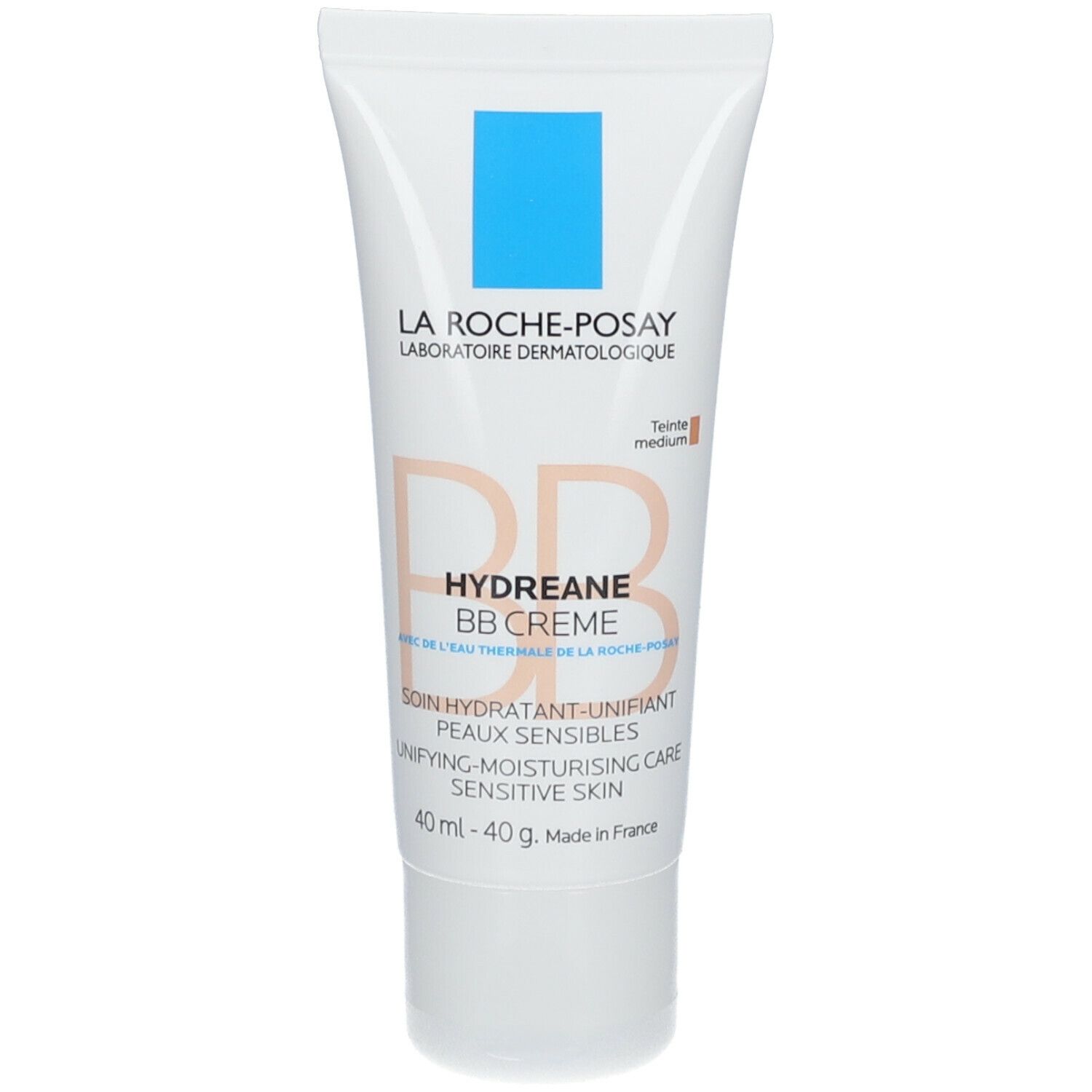 La Roche-Posay Hydreane BB Creme Tube. Weißer Tube mit blauem Quadrat und Produktinformationen. 40 g.