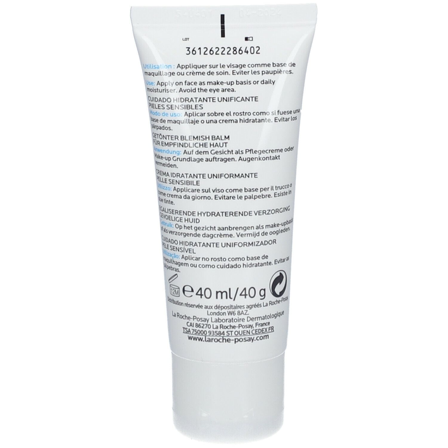 Rückseite der La Roche-Posay Hydreane BB Creme Tube. Enthält Produktinformationen und Inhaltsstoffe.