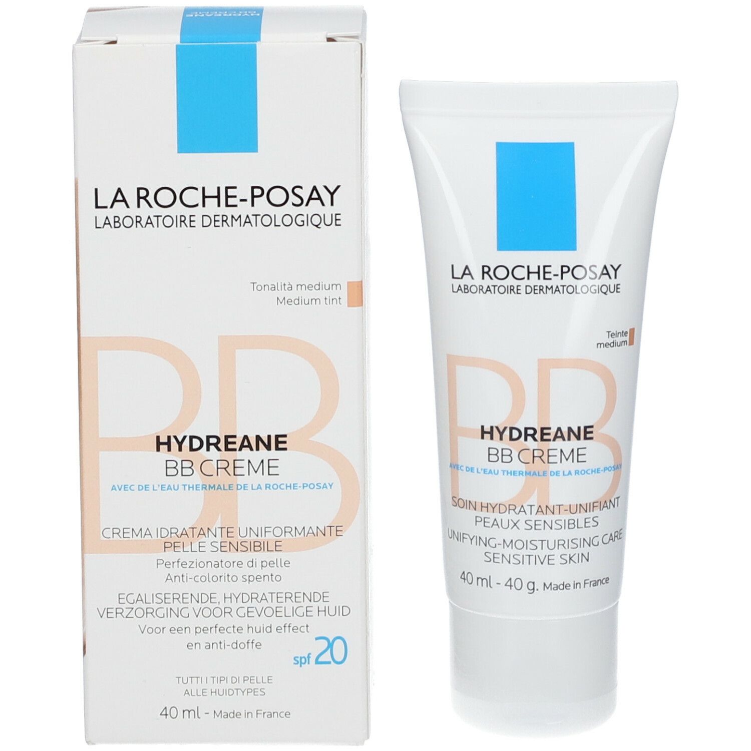 La Roche-Posay Hydreane BB Creme, Verpackung und Tube. Weiße Schachtel und Tube mit Produktinformationen.