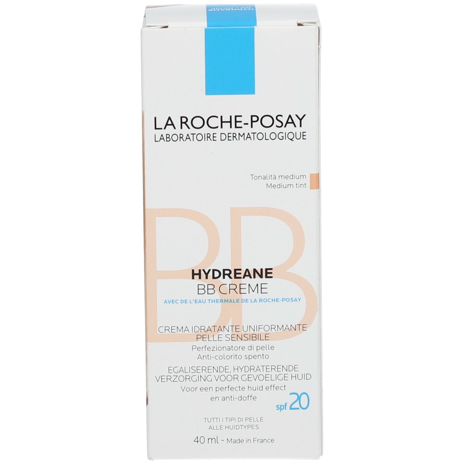 La Roche-Posay Hydreane BB Creme Verpackung. Weiße Schachtel mit Produktinformationen und SPF 20.