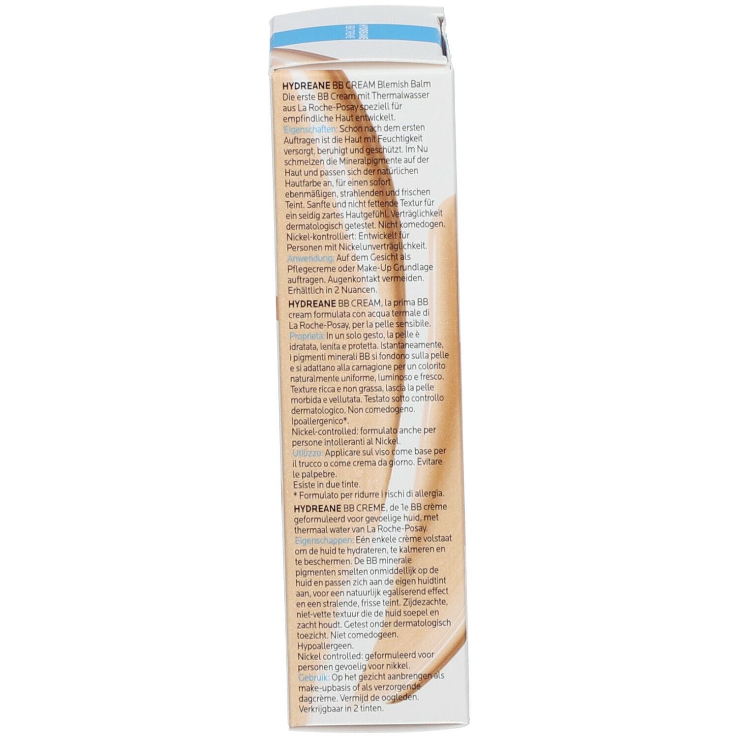 Rückseite der La Roche-Posay Hydreane BB Creme Verpackung. Enthält Produktinformationen und Inhaltsstoffe.