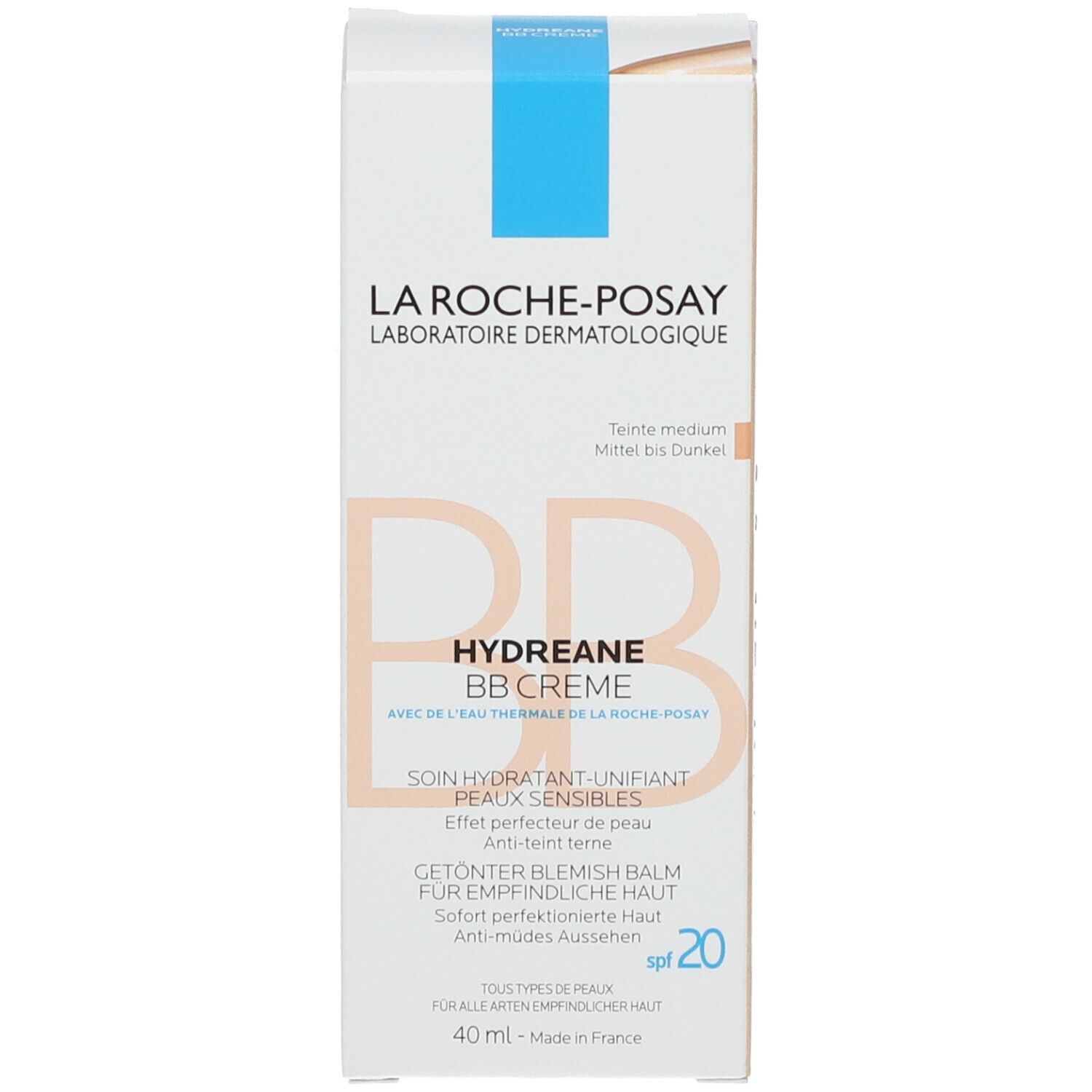 La Roche-Posay Hydreane BB Creme Verpackung. Weiße Schachtel mit Produktinformationen und SPF 20.