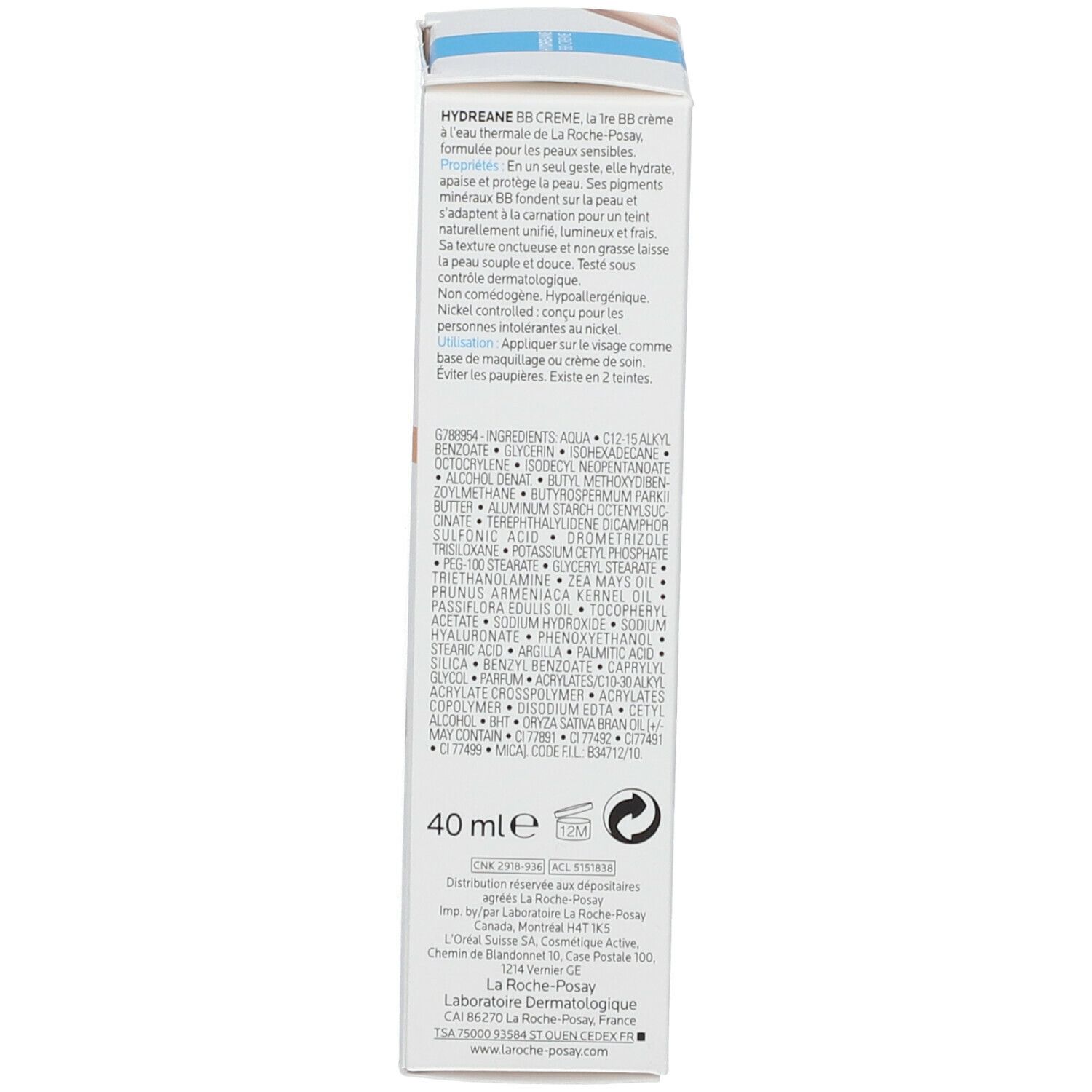 Rückseite der La Roche-Posay Hydreane BB Creme Verpackung. Enthält Produktinformationen und Inhaltsstoffe.