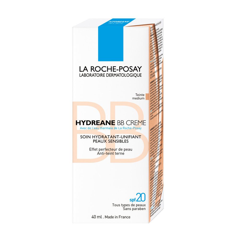 La Roche-Posay Hydreane BB Creme Verpackung. Weiße Schachtel mit blauem Quadrat. Enthält Produktinformationen und SPF 20.