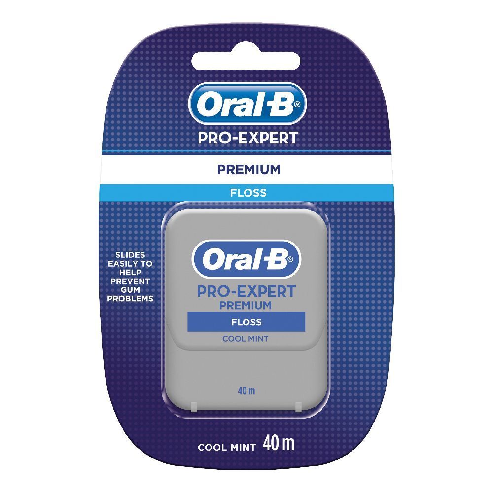 Oral-B PRO-EXPERT Zahnseide. Premium Floss. Cool Mint. 40 m. Verpackung mit Produkt und Markenlogo.