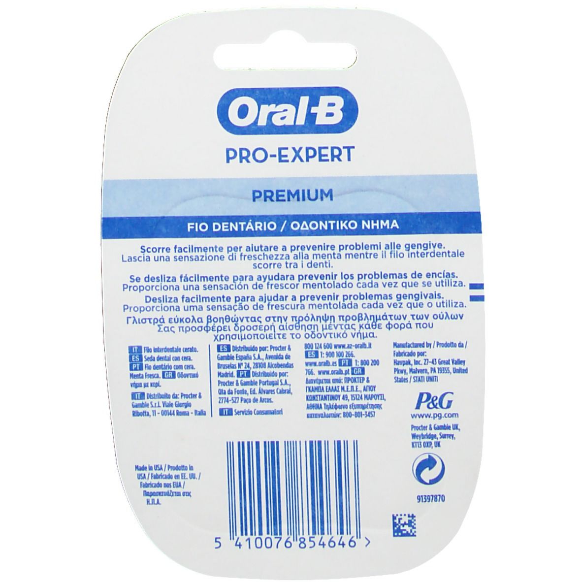 Rückseite der Verpackung von Oral-B PRO-EXPERT Zahnseide. Text in mehreren Sprachen. Markenlogo und Kontaktinformationen.