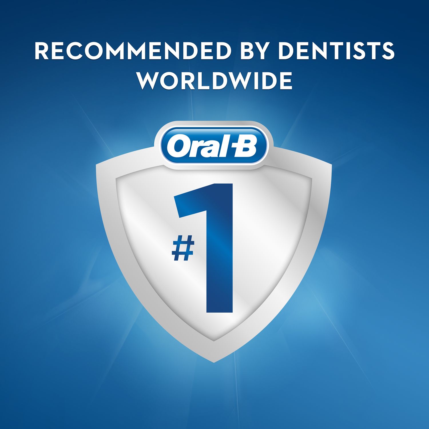 Oral-B Logo mit der Nummer 1 in einem Schild. Der Text lautet: Von Zahnärzten weltweit empfohlen.