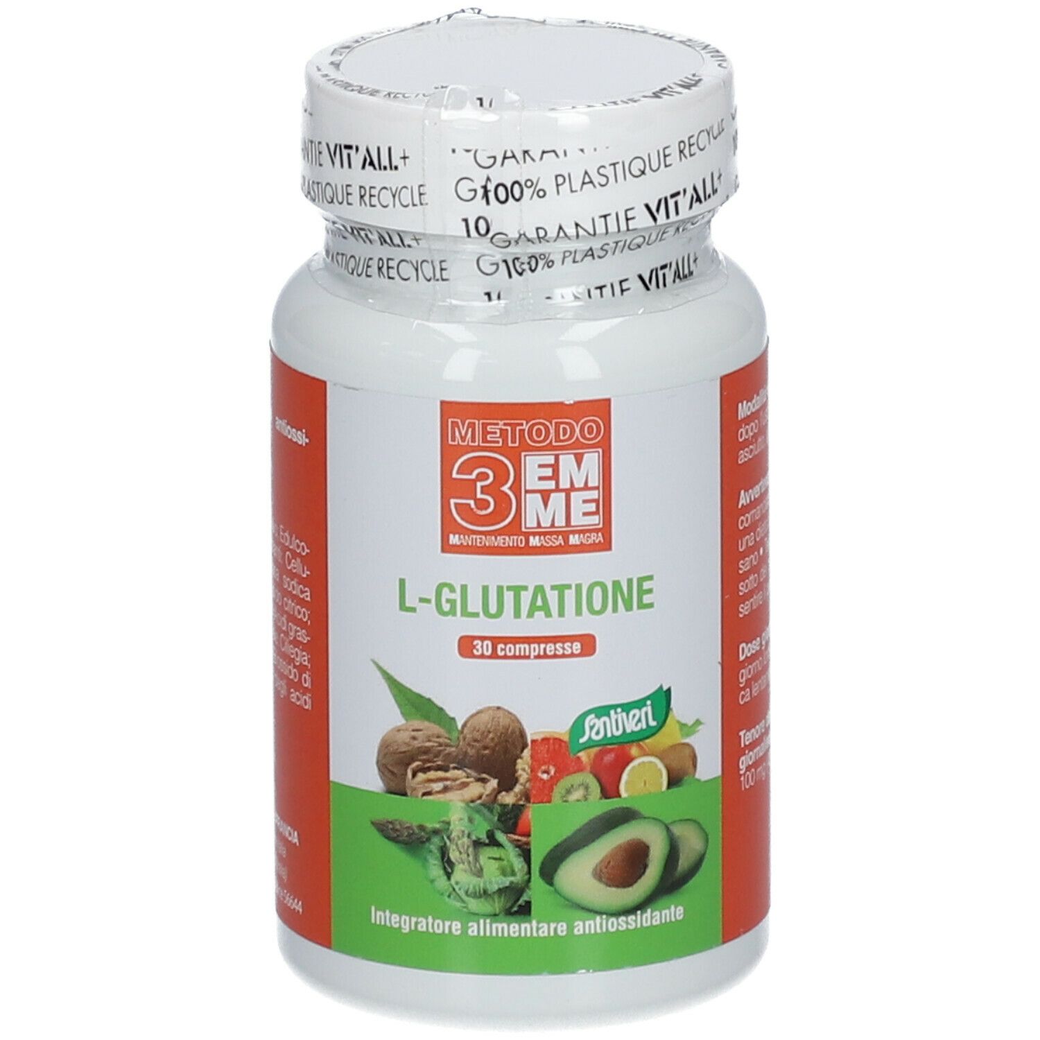 Flacone bianco METODO 3EMME L-Glutatione Compresse. Stampa frutta e noci. 30 compresse.